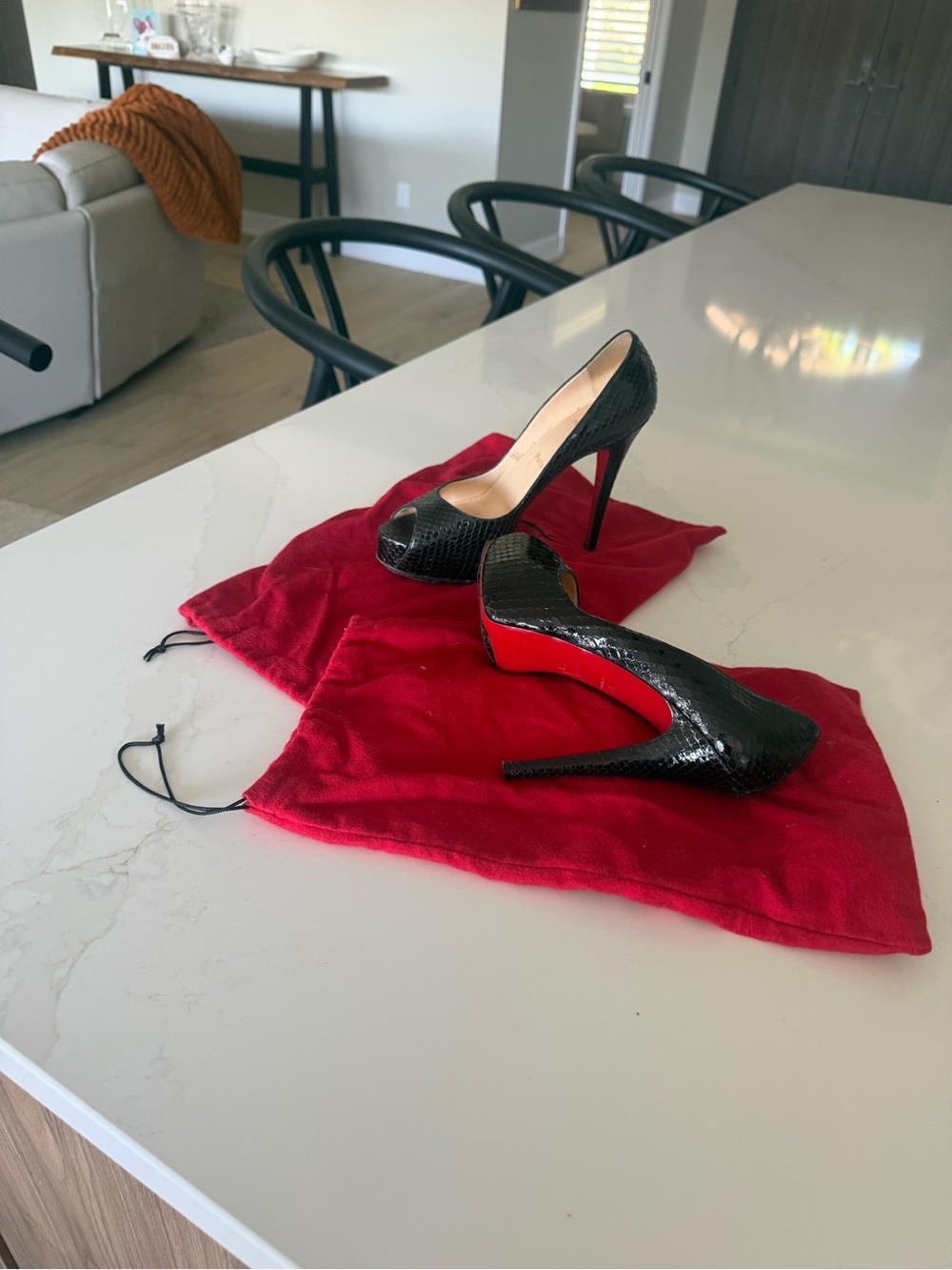 Christian Louboutin Black Patent Peep-Toe Pumps with Red Soles